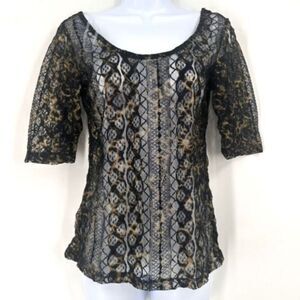 NWT H.I.P Happening in the Present Women's Sheer Lace Top Black Gold Medium